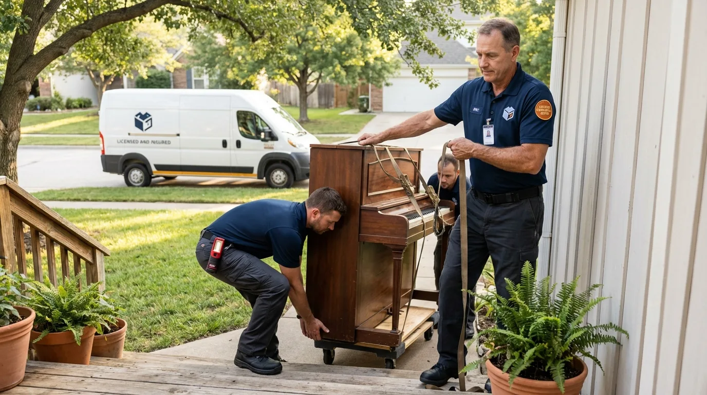 Licensed piano movers securing grand piano in Addison, ME