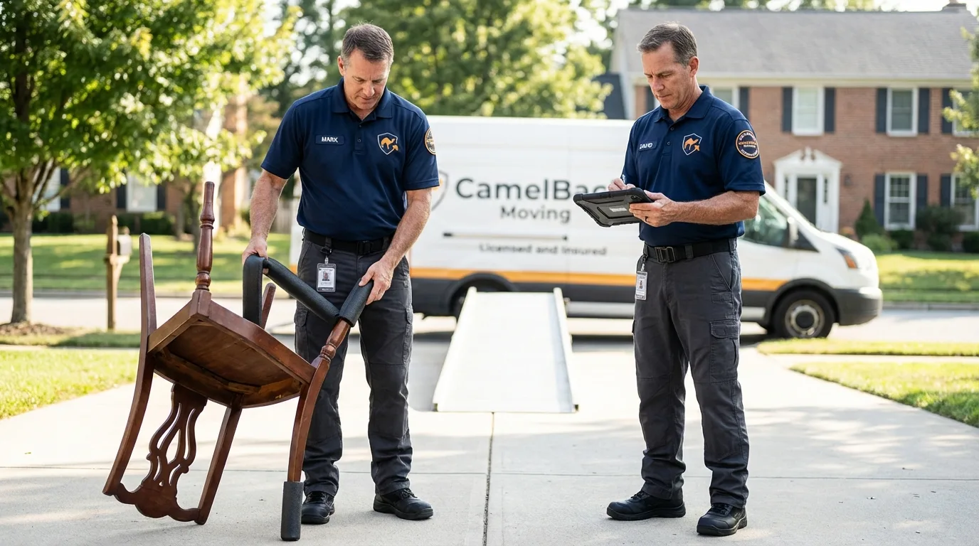 Movers inspecting furniture for damage prevention before loading in Addison, ME