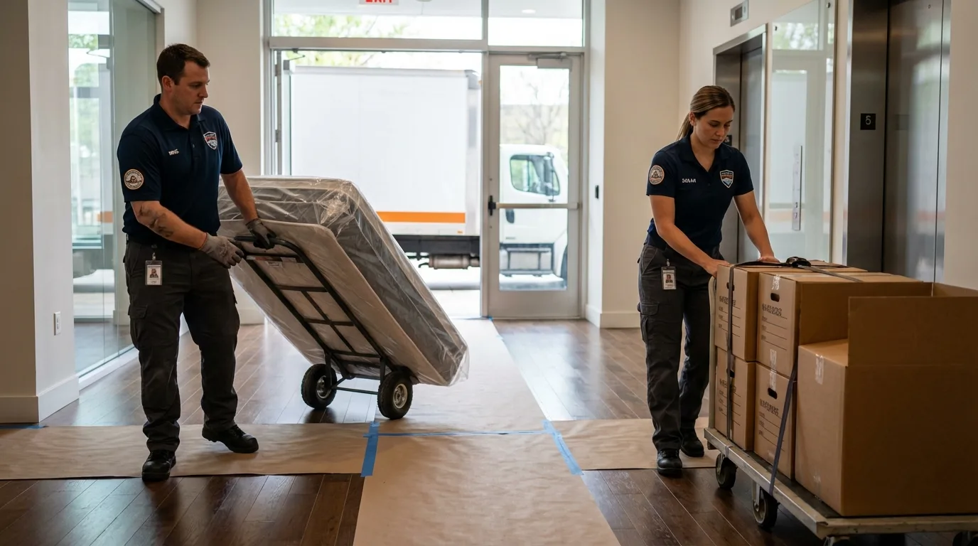 Professional apartment movers loading elevator in Addison, ME